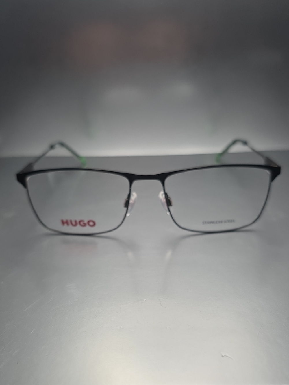 HUGO Black Metal Rectangular Eyeglasses with Green Temple Tips